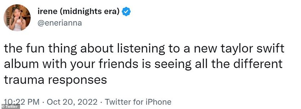 Responses: Another fan said that 'the fun thing' about Taylor Swift album debuts are 'seeing all the different trauma responses' from their friends