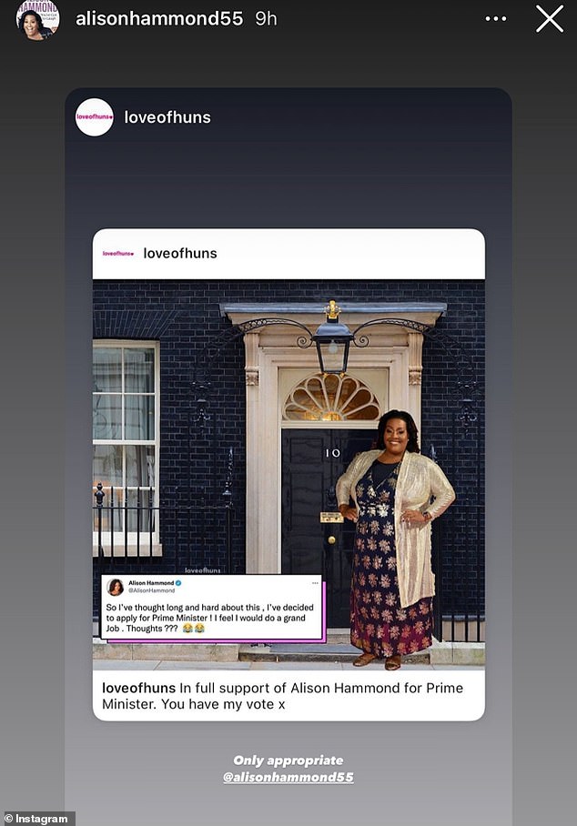 Having a laugh: The This Morning presenter also shared a meme of herself from Love of Huns showing her standing in front of the door at Downing Street