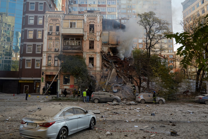 The site of shelling in downtown Kyiv this month after another missile and drone attack on the Ukrainian capital