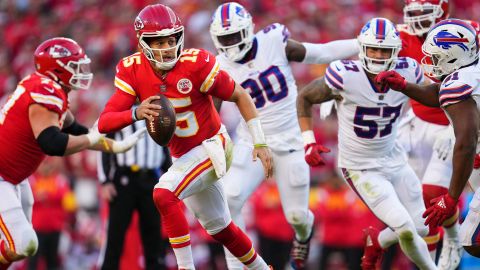 Patrick Mahomes scrambles against the Buffalo Bills last weekend.