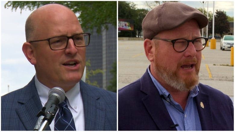 Two men wearing glasses and suits standing side by side