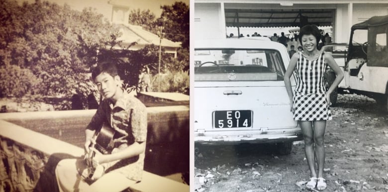 On the left, a man holds a guitar. On the right, a woman in front of a car.