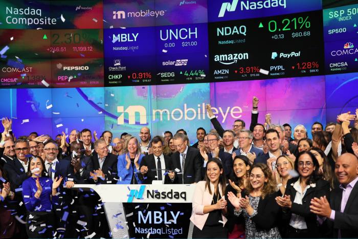 Mobileye founder and chief execuitve Amnon Shashua and Intel chief executive Pat Gelsinger ring the Nasdaq opening bell in October