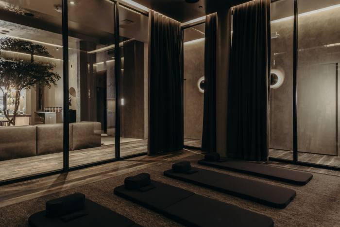 Room with floor-to-ceiling windows and exercise mats on the floor