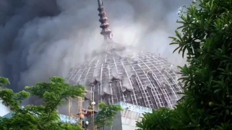 Video: Giant dome engulfed in fire collapses at Indonesia mosque