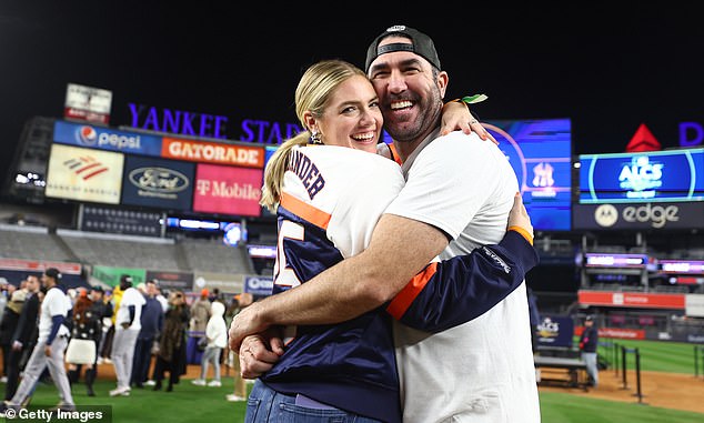 Kate Upton shares celebratory hug with baseball star Justin Verlander who makes it to World Series