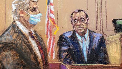 A courtroom sketch of Kevin Spacey  being questioned by attorney Richard on Tuesday.