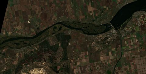 A satellite image shows a view of the location of the Kakhovka dam, right, and the surrounding region in Kherson, Ukraine, on October 18. 