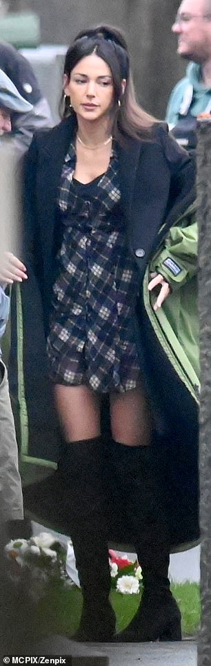 Michelle Keegan wears tartan mini dress and thigh-high boots filming on Brassic set in Manchester