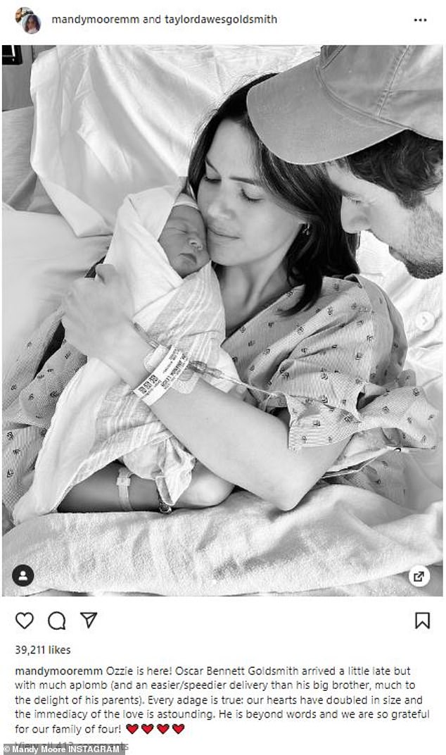 Mom of two! Mandy Moore gives birth to her second child with husband Taylor Goldsmith