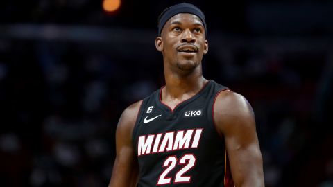 Jimmy Butler of the Miami Heat looks on against the Toronto Raptors.