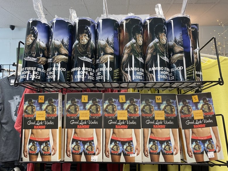 A store display with 'Good Luck Undies — Rambo' on it.