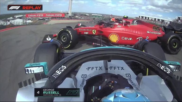 A dramatic start at the United States Grand Prix sees Mercedes' George Russell send Ferrari's Carlos Sainz spinning.