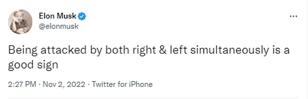 On Wednesday, the new Twitter CEO celebrated being 'attacked by both the right and left simultaneously' and said 'you get what you pay for'