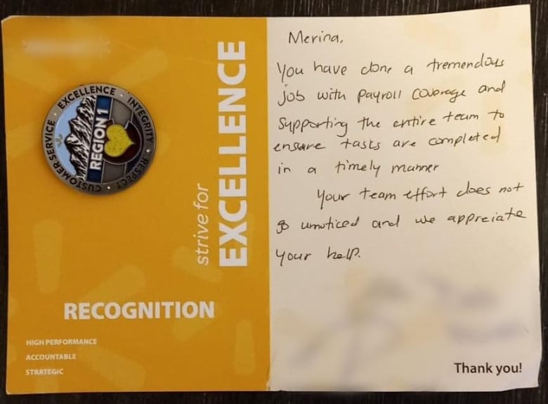 A recognition card crediting the author for helping the company with payroll coverage. 