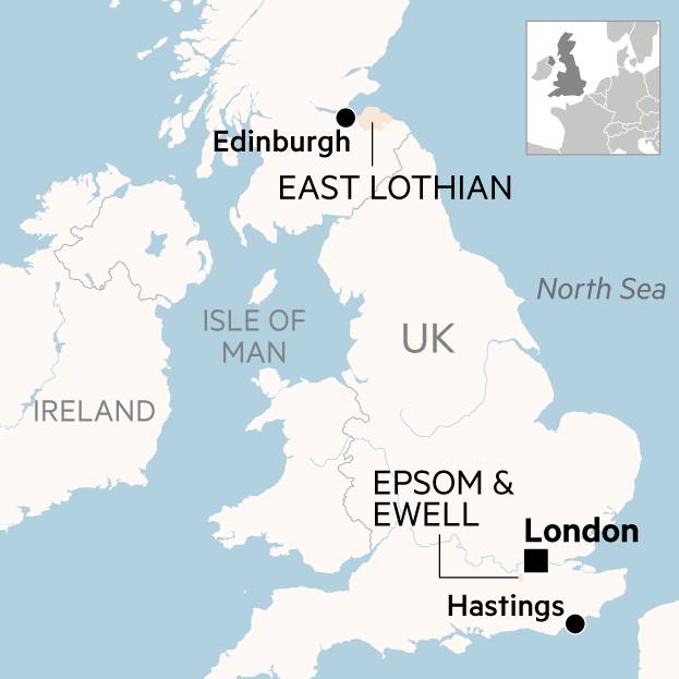 Locator map showing East Lothian local authority in relation to Edinburgh and Epson in relation to London. Also locates Hastings G1731_22X 