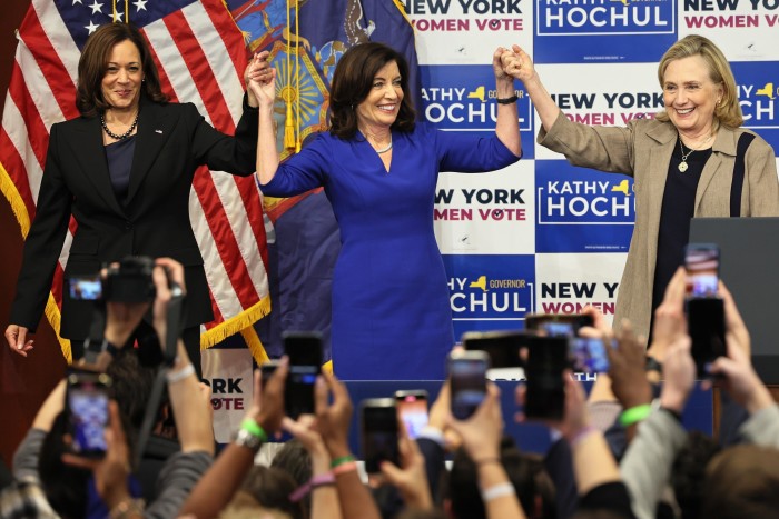 Vice-president Kamala Harris, New York governor Kathy Hochul, and former US secretary of state Hillary Clinton during a ‘Get Out the Vote’ rally at Barnard College in New York City in November 