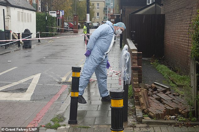 He was taken to hospital but yesterday afternoon died from his injuries. Pictured: A large police cordon in place with forensic officers on scene today