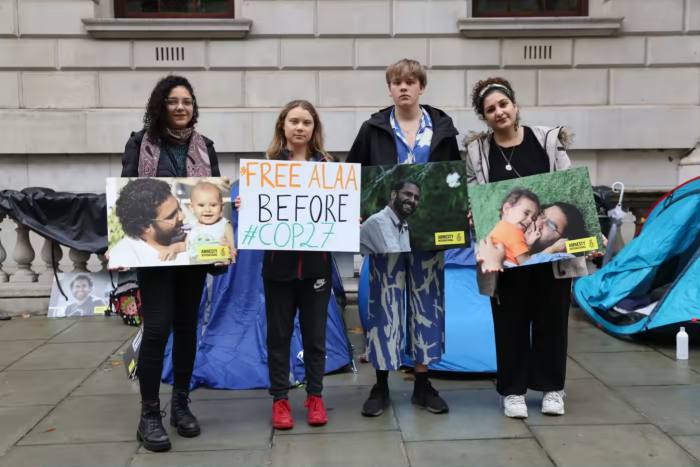 Sanaa al-Seif, left, is joined by climate activists Greta Thunberg and Andreas Magnusson, and Mona Seif, sister of jailed blogger Abd El-Fattah