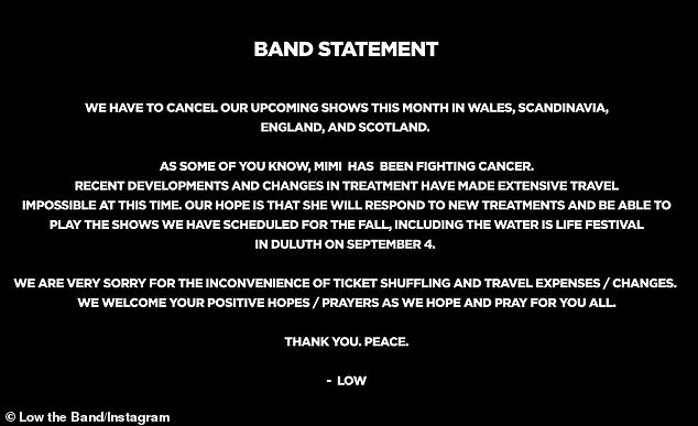 'Our hope is she will respond to new treatments': Fans were first made aware of Mimi's health problems on August 15 when the band announced they had to cancel concerts due to her 'fighting cancer' which made 'travel impossible'