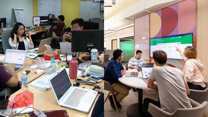 Composite photo of employees working at Grab’s former office in Malaysia and in its new headquarters in Singapore