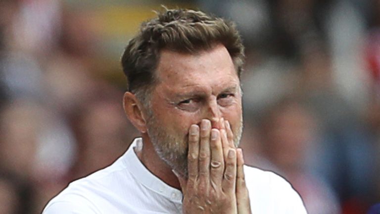 August 22, 2021, Southampton, United Kingdom: Southampton, England, 22nd August 2021. Ralph Hasenhuttl, Manager of Southampton reacts during the Premier League match at St Mary&#39;s Stadium, Southampton. Picture credit should read: Paul Terry / Sportimage(Credit Image: © Paul Terry/CSM via ZUMA Wire) (Cal Sport Media via AP Images)