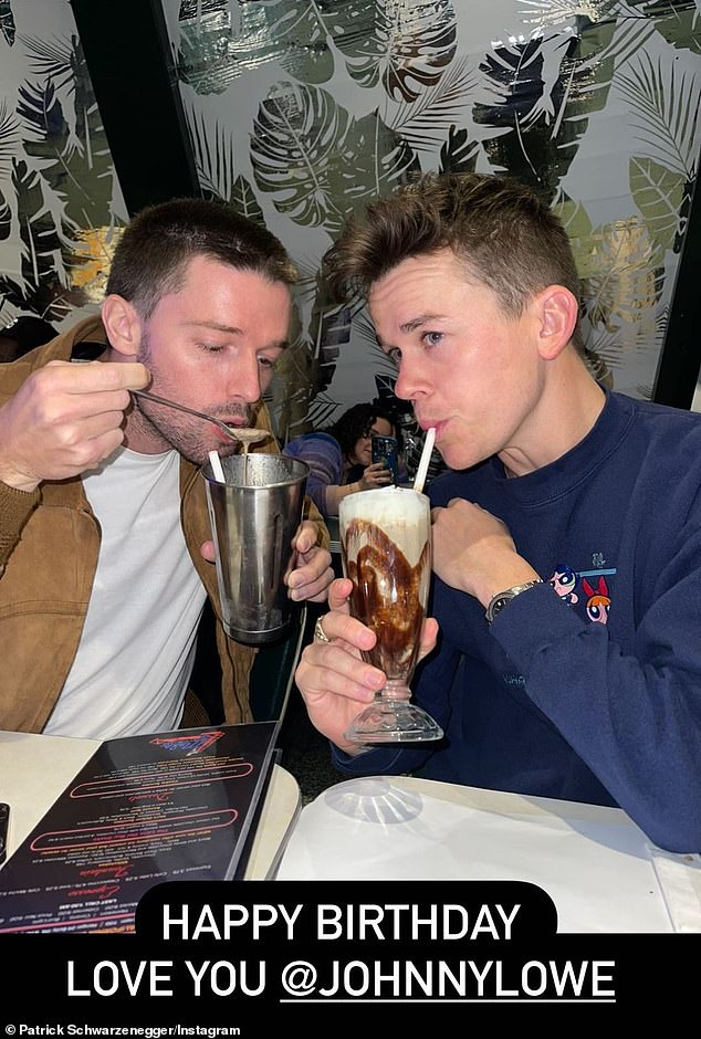 Shriver's son Patrick Schwarzenegger Instastoried a cute milkshake snap of himself with Lowe captioned: 'Happy birthday love you @johnnylowe!'