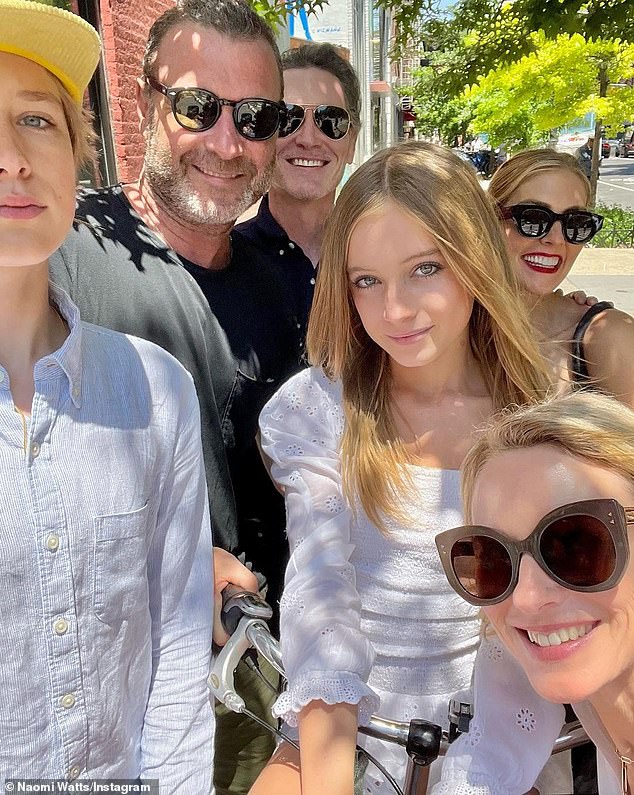 '#modernfamily': Liev has two children - Sasha, 15; and Kai, turning 14 next month - from his 11-year relationship with his Painted Veil co-star Naomi Watts, which amicably ended in 2016 (pictured with their spouses and children on June 15)