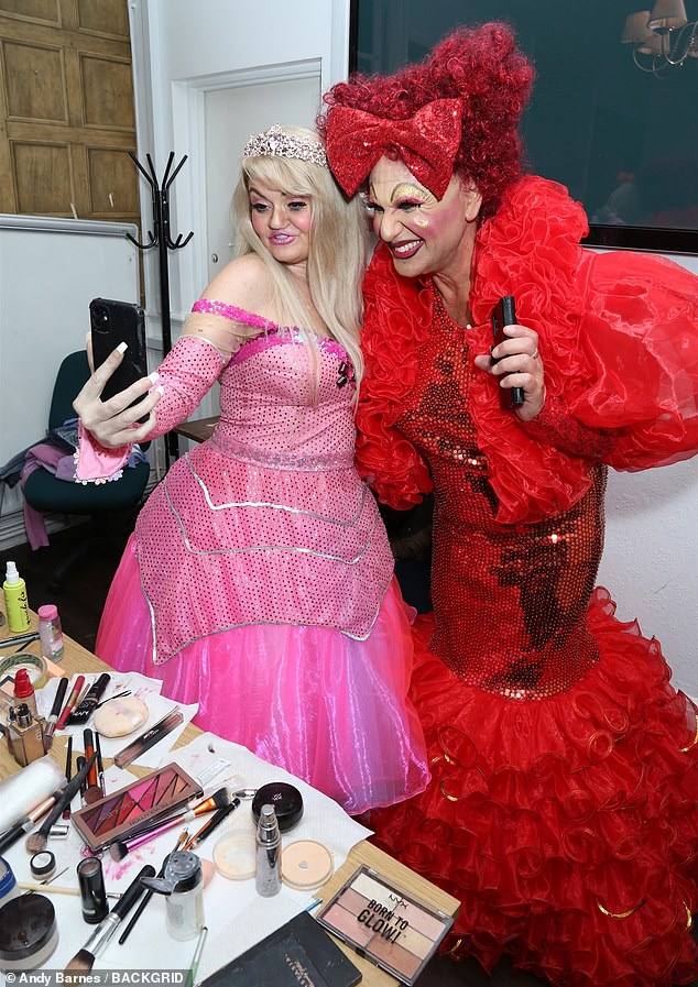 Let me take a selfie: Danniella posed for a picture backstage with her co-star Simon Gross, who plays Jordan in the adult pantomime