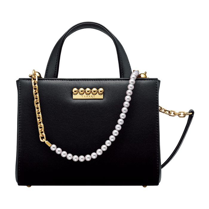 A black handbag with pearl-chain strap 