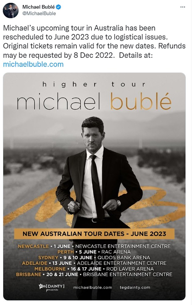 The Canadian singer, 47, was due to travel Down Under for a nine-date arena tour across the country this month but has revealed via social media he has been forced to push the dates back to June 2023 due to 'logistical reasons'. His announcement is pictured