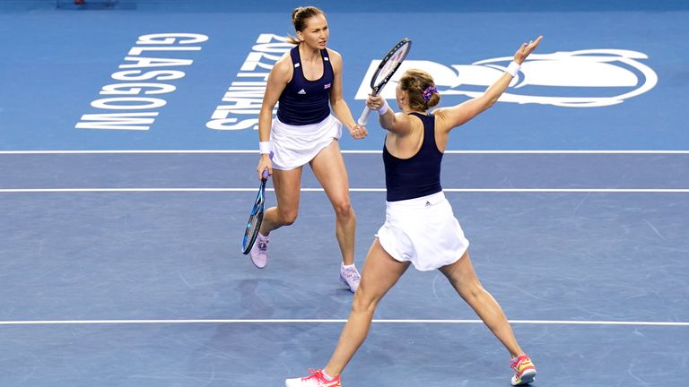 Great Britain&#39;s Olivia Nicholls and Alicia Barnett celebrate winning the first set during their doubles match against Spain&#39;s Rebeka Masa rova and Aliona Bolsova Zadoinov during day three of the Billie Jean King Cup Group Stage match between Spain and Great Britain at the Emirates Arena, Glasgow. Issue date: Thursday November 10, 2022.

