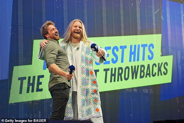 Pals: Presenter Sam Thompson (L) and Sam Ryder (R) cracked a joke on-stage