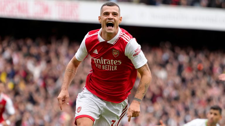 Arsenal&#39;s Granit Xhaka celebrates after scoring his side&#39;s third goal