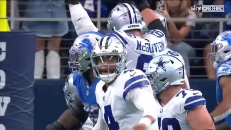 Dallas Cowboys quarterback Dak Prescott opens his scoring account this season on his return from injury, finding tight end Peyton Hendershot for a touchdown