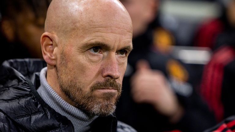 Manchester United&#39;s head coach Erik ten Hag looks on at Craven Cottage