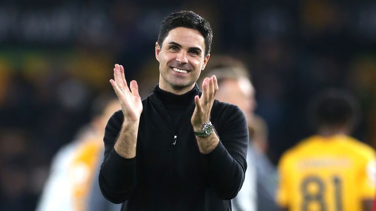 Mikel Arteta celebrates Arsenal&#39;s win at Wolves