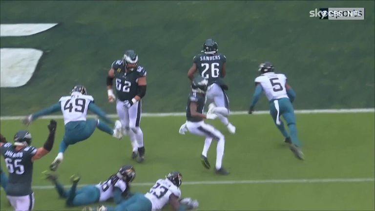 Philadelphia Eagles running back Miles Sanders finds a gap in the Jacksonville Jaguars defense for a touchdown in their Week Four clash