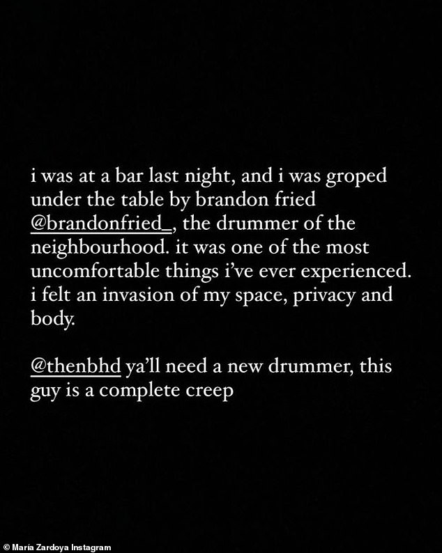 'It was one of the most uncomfortable things I’ve ever experienced. I felt an invasion of my space, privacy and body,' she wrote on her Instagram Story. 'Ya’ll need a new drummer, this guy is a complete creep'