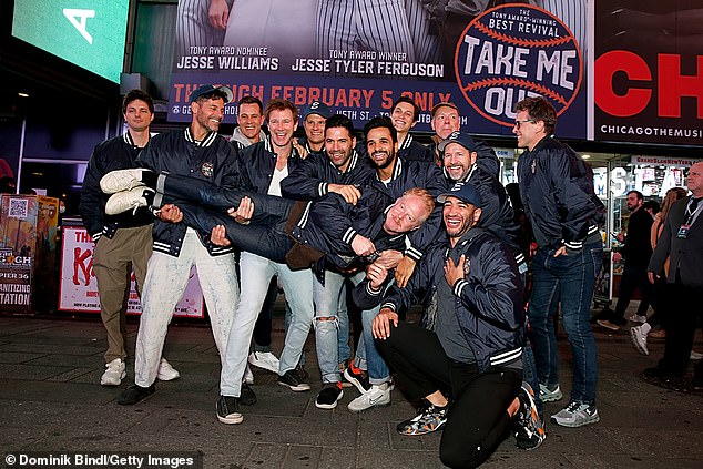 'Sad to be away!' Ferguson will return Thursday as investment counselor Mason Marzac in Scott Ellis' Tony-winning Broadway revival, which runs through February 5 at the Gerald Schoenfeld Theatre in Manhattan (pictured with the cast last Thursday)