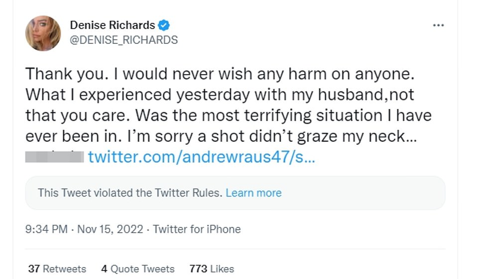 Vile: In a now-deleted tweet, a social media user wrote: 'Don¿t care kinda hope she would have taken a grazing shot to the neck honestly' with Richards branding the follower an 'a**hole' as she broke her silence on the incident