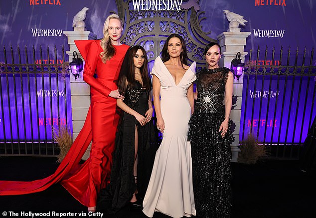 Cast: She was all smiles while posing with co-stars Gwendoline Christie, Jenna Ortega and Christina Ricci at the event, held at the Hollywood Legion Theater