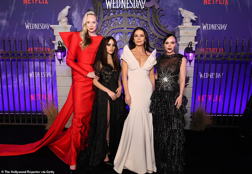 Cast: She was all smiles while posing with co-stars Gwendoline Christie, Jenna Ortega and Christina Ricci at the event, held at the Hollywood Legion Theater