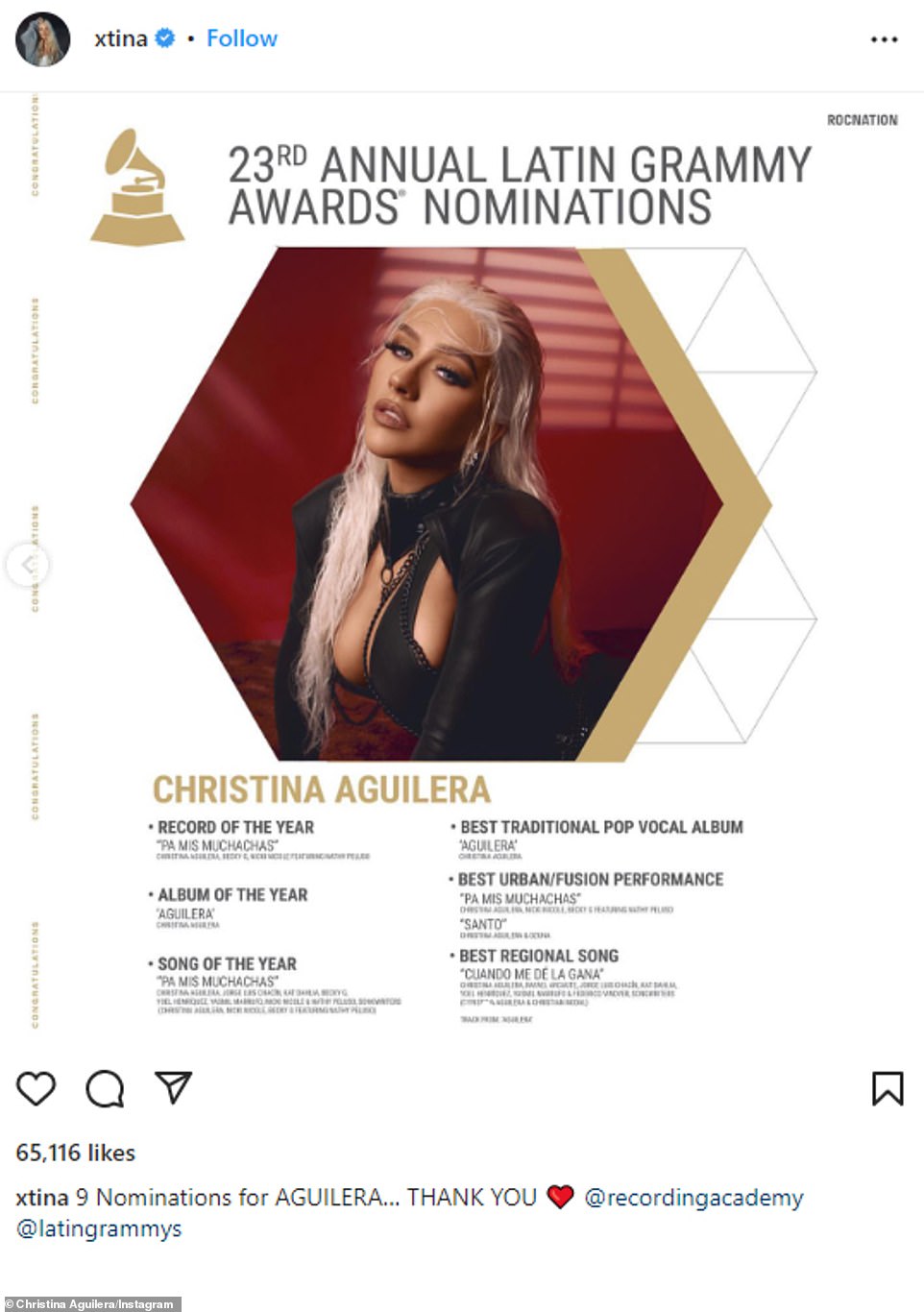 Accolades in abundance: Aguilera came into the Latin Grammy Awards as one of the night's most-nominated artists with seven nominations