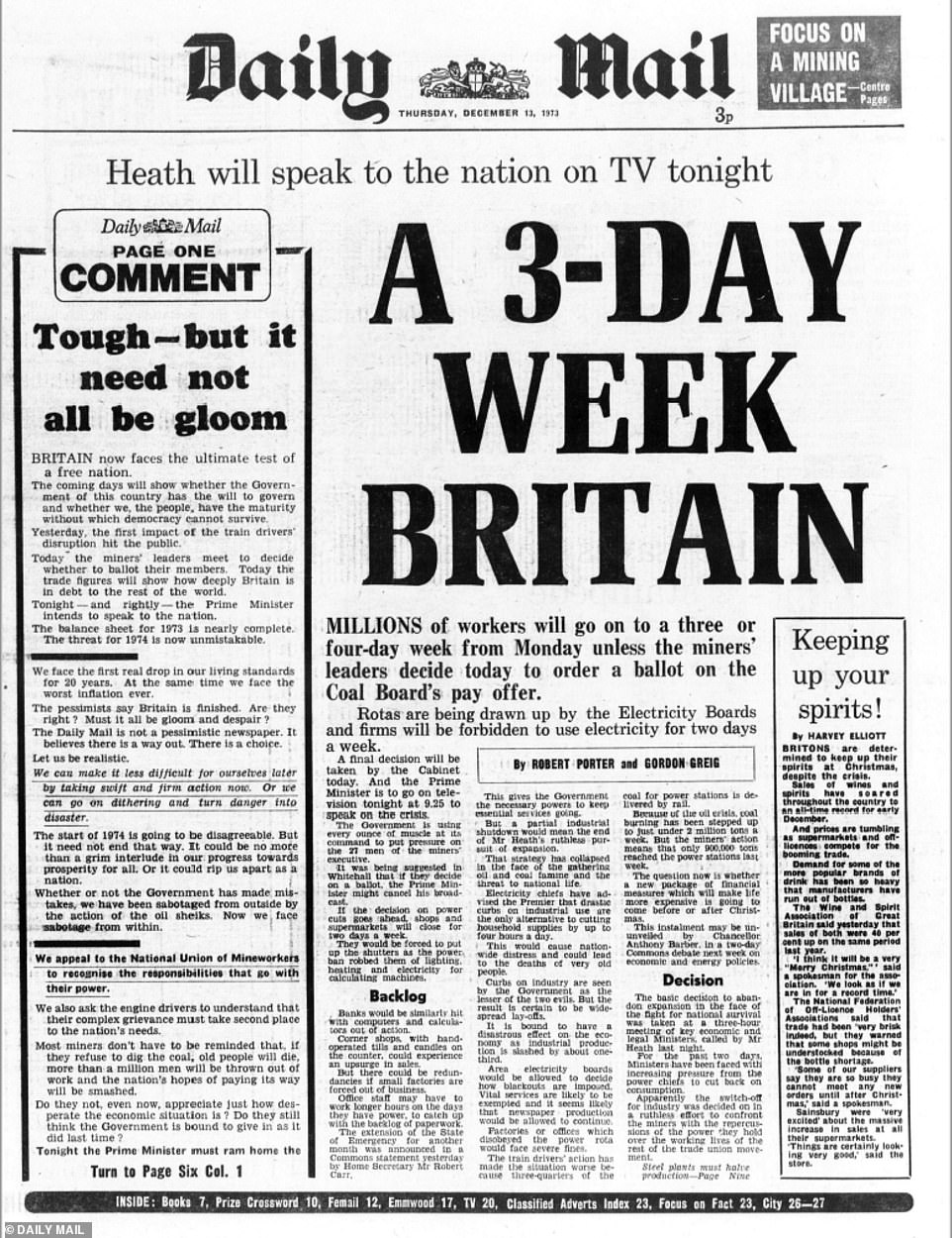 The Daily Mail's coverage on December 13, 1973 reported how Britain was set to move to a three-day working week