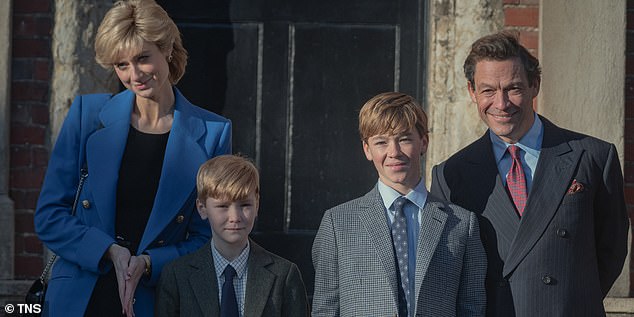 The plot may help to mollify the Royal Family and its supporters, after Netflix caused outrage for featuring storylines that deviate from the truth. Pictured: Diana (Elizabeth Debicki), Harry (Will Powell), William (Senan West) and Charles (Dominic West) in the latest series of the Crown