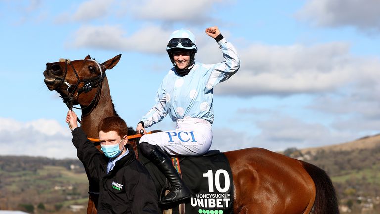 Honeysuckle and Rachael Blackmore after winning the Champion Hurdle last year