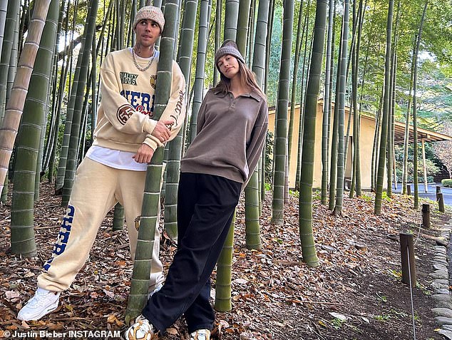 Garden walk: Justin shared a plethora of adorable photos of the two celebrating their domestic bliss during a walk in the park