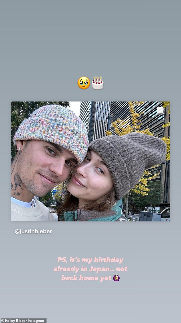 In Japan: Meanwhile Hailey re-shared the post to her own Instagram Stories and clarified that the couple are in Japan where it's already her birthday