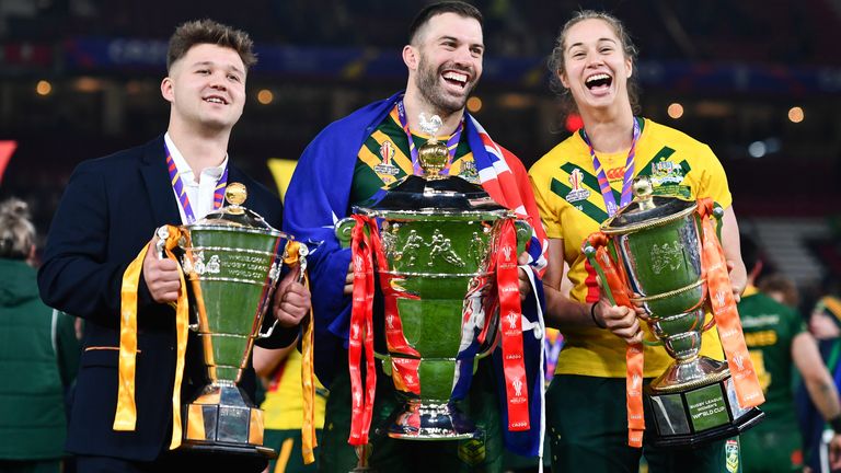 England wheelchair captain Tom Halliwell with Australian counterparts James Tedesco and Kezie Apps at Old Trafford